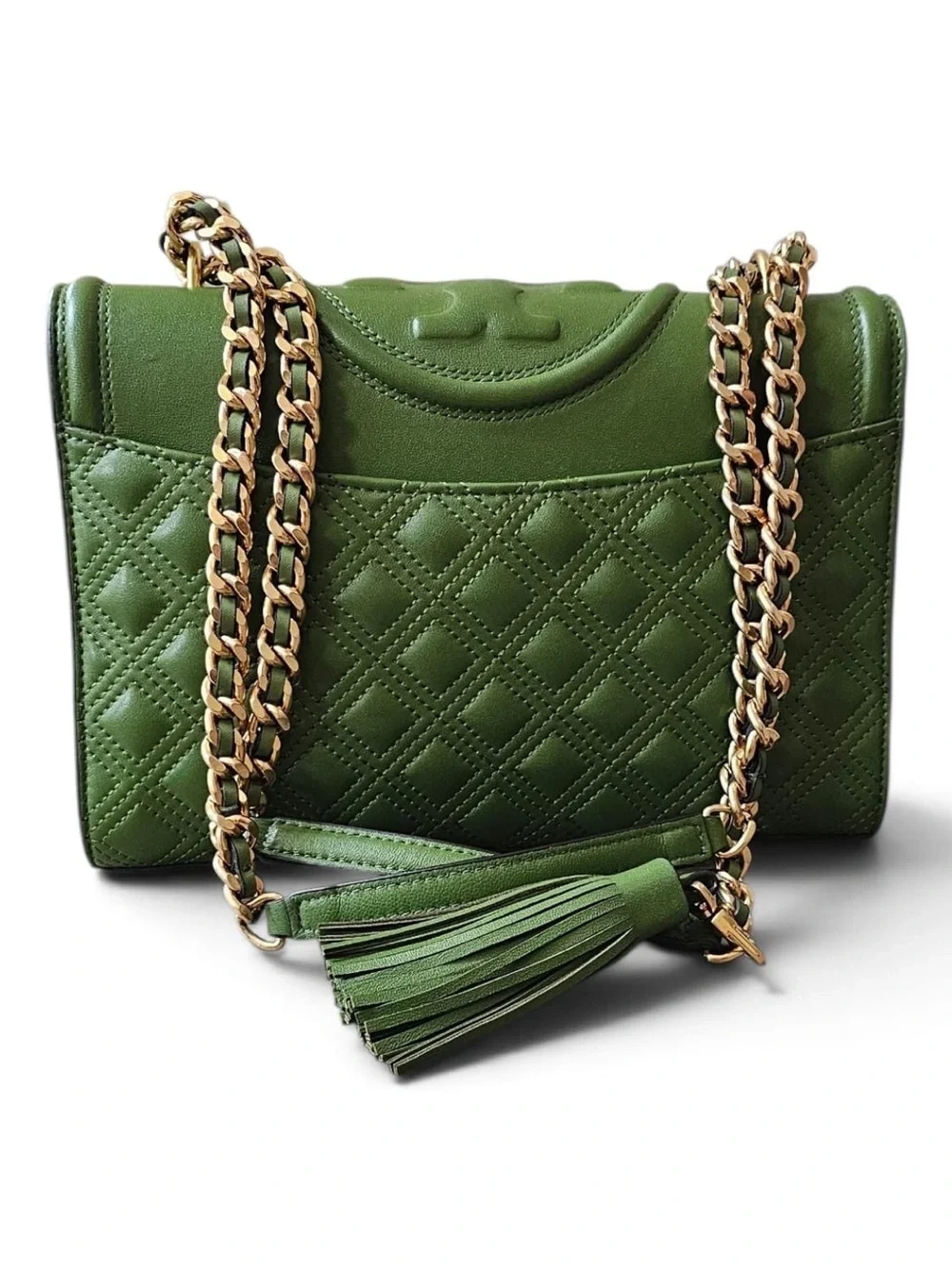 Tory Burch Olive Green Quilted Leather Shoulder Bag with Gold Chain